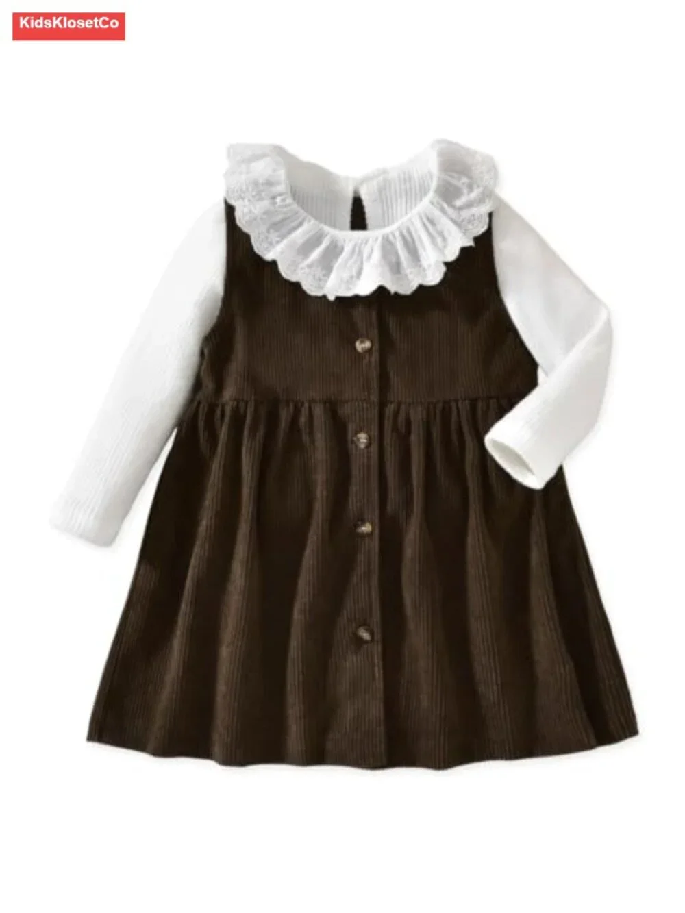 Toddler Long Sleeve Lace Collar Top Corduroy Overall Dress Set 2-Piece
